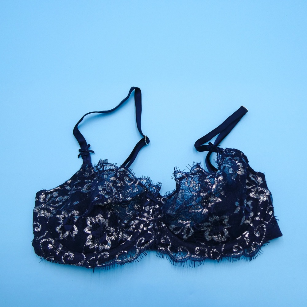 Victoria's Secret Bra Womens 32D Dream Angels Navy Silver Lace Push Up Nylon
